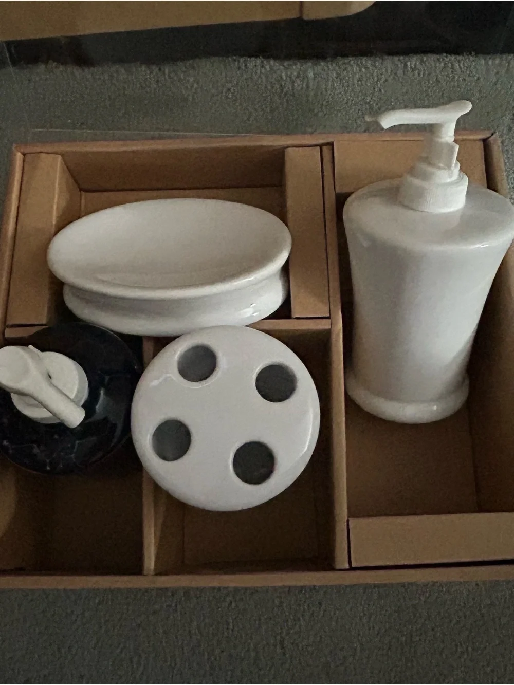 4 Piece Ceramic Bath Accessory Set, New (3 off white and 1 black marbleized)
